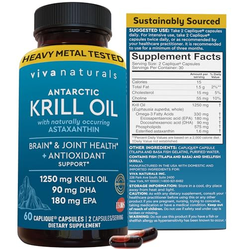 Viva Naturals Antarctic Krill Oil Omega 3 Supplements 1250 mg - DHA EPA Omega-3 & Astaxanthin Concentration for Joint Health, No Fish Burp - 60 Krill