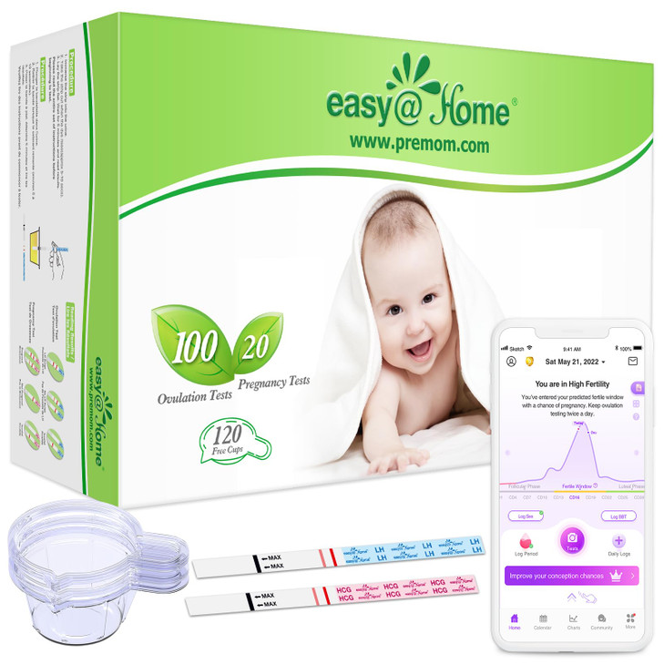 Easy@Home 100 Ovulation Test and 20 Pregnancy Test Strips, FSA Eligible Ovulation Test Kit Powered by Premom Ovulation Predictor Free APP,100LH + 20H
