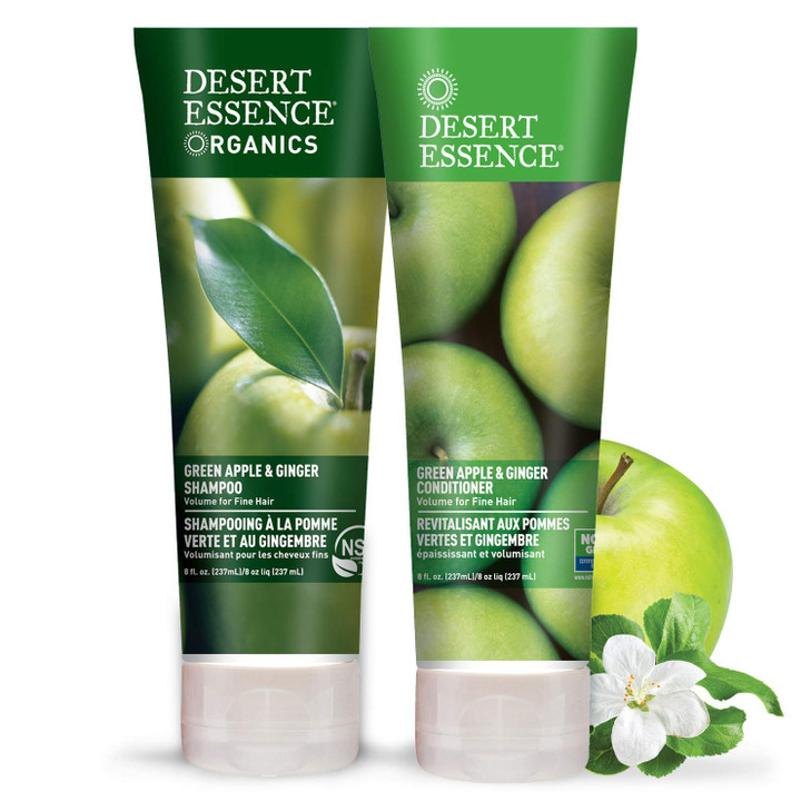 Desert Essence Green Apple & Ginger Shampoo & Conditioner Bundle - 8 Fl Ounce - Volume For Fine Hair - Natural - Deep Moisturizing - Antioxidants - M