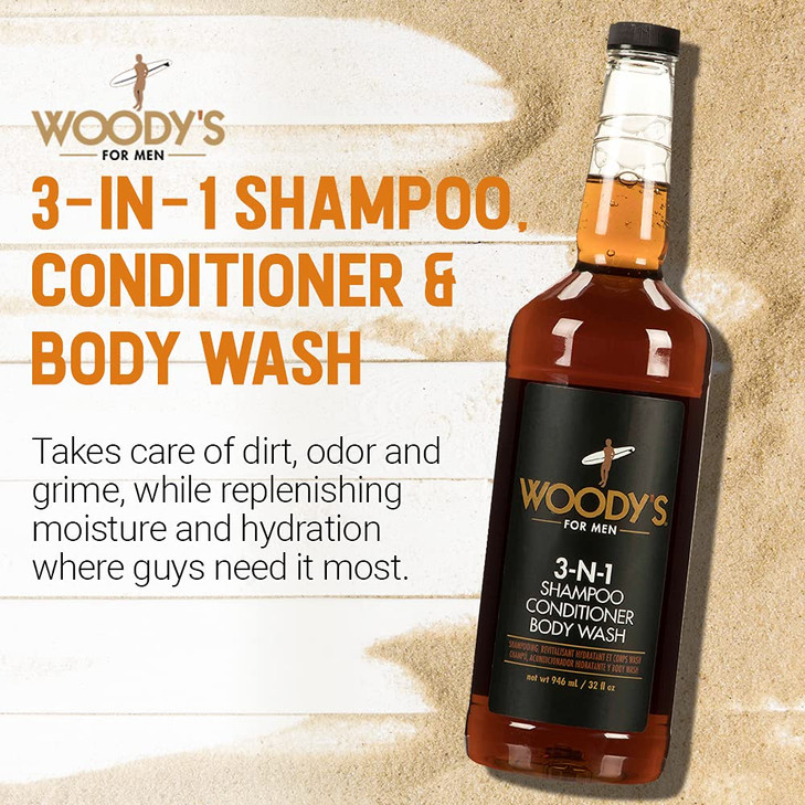 Woody's Mens Body Wash 3 in 1  Shampoo, Conditioner, & Body Wash, All-in-One Cleanser, Refreshing & Hydrating with Natural Extracts - 32 fl oz