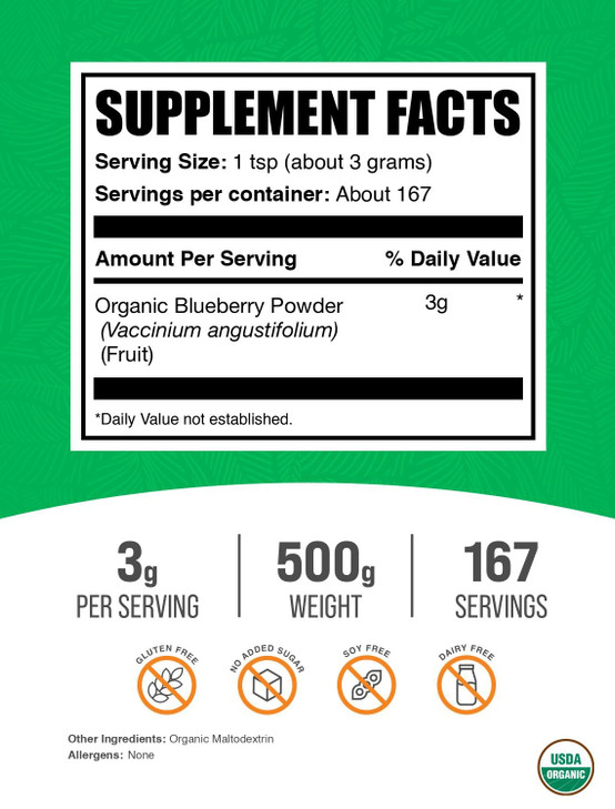 BulkSupplements.com Organic Blueberry Powder - Antioxidant Support, Bluberry Supplement - Vegan & Gluten Free, 3g per Serving, 500g (1.1 lbs) (Pack o