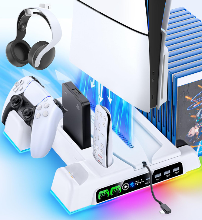 Cooling Stand for PS5/ Slim/Pro Disc & Digital Console, PS5 Cooling Station with Dual Controller Charging Station for PlayStation 5 Console, 3-Level