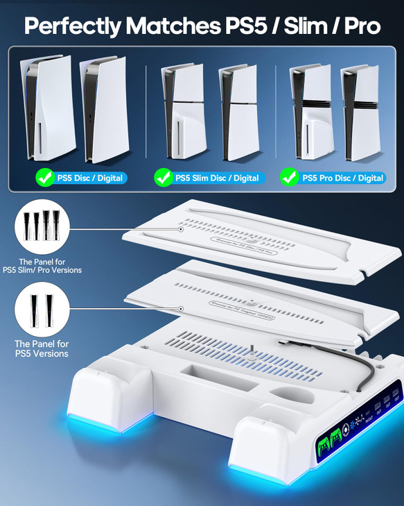 Cooling Stand for PS5/ Slim/Pro Disc & Digital Console, PS5 Cooling Station with Dual Controller Charging Station for PlayStation 5 Console, 3-Level