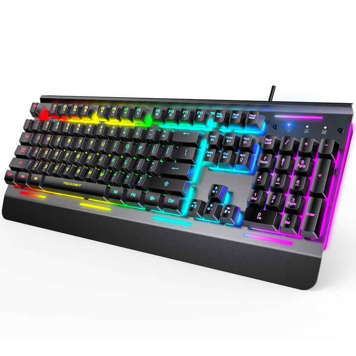 TECKNET Gaming Keyboard, USB Wired Computer Keyboard, 15-Zone RGB Illumination, IP32 Water Resistance, 25 Anti-ghosting Keys, All-Metal Panel (Whispe