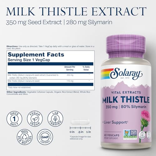 SOLARAY Milk Thistle Seed Extract 350 mg Guaranteed to Contain 80% Silymarin, Traditional Liver Support, Vegan & Lab Verified for Quality, 60 Day Mon