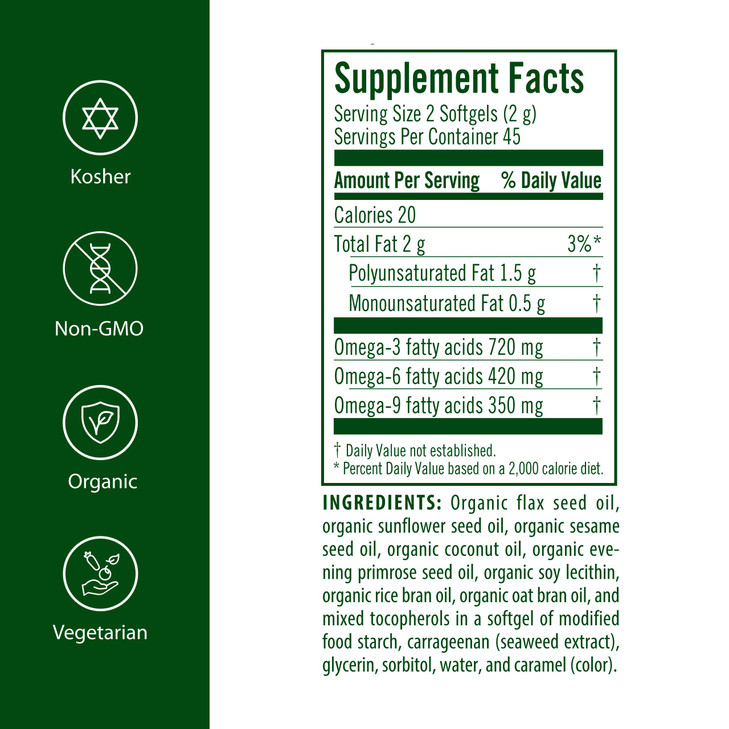 Flora Health Udo's Oil 3-6-9 Blend, Balanced Omega Fatty Acids from Flax, Sesame, Sunflower 90 Vegetarian Capsules