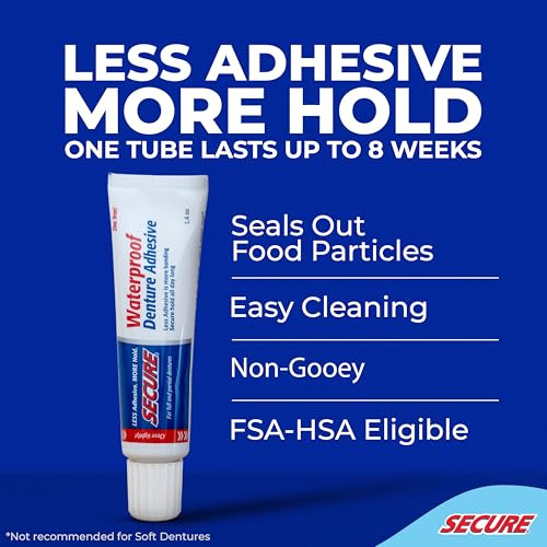 Secure Denture Adhesive Cream for Uppers, Lowers & Partials  Waterproof Seal & Zinc Free  Food Grade Ingredients - Less Adhesive, More Hold - Tube