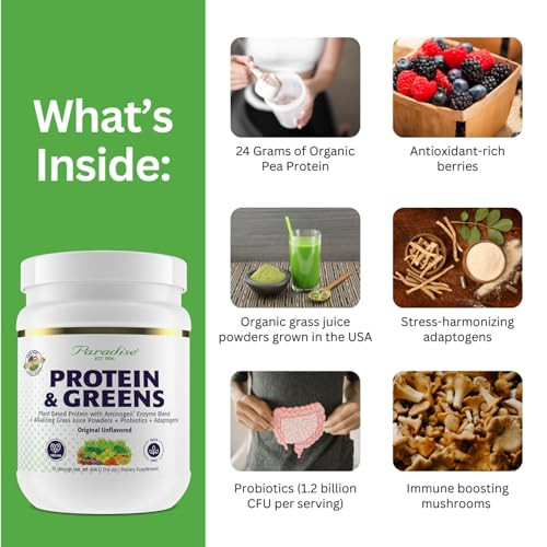 Paradise Herbs ORAC Energy Protein & Greens Powder, Antioxidant Power of 24 Servings of Fruits & Vegetables in 1 Scoop + 20g Protein, Unflavored, 15
