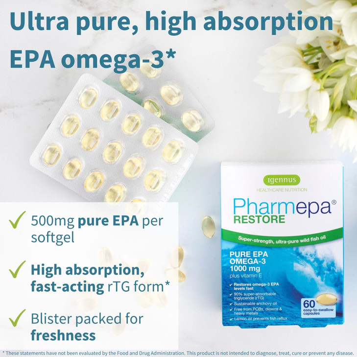 Igennus Pharmepa Restore, Pure EPA 1000mg, Omega 3 rTG Fish Oil, IFOS Certified, High Absorption, 90% Concentration Triple Strength, Wild & Sustainab