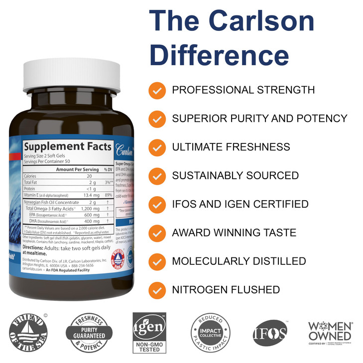 Carlson Super Omega-3 Gems, Pescetarian, Norwegian, 1,200 mg Omega-3s, 100 + 30 Soft Gels