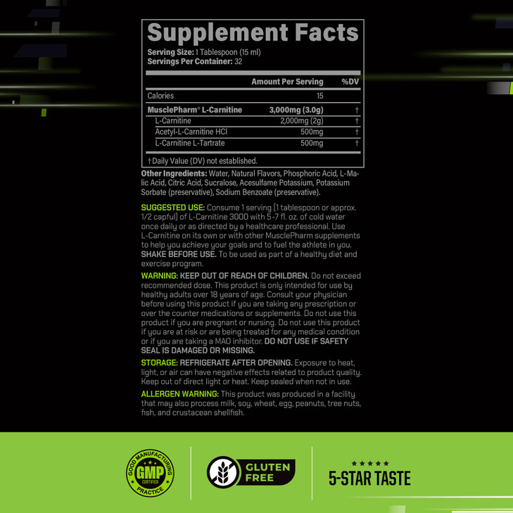 Muscle Pharm L-Carnitine 3000, The Ultimate Liquid L Carnitine Supplement for High-Performance, Supports Metabolism, Hydration & Energy, Zero Sugar,