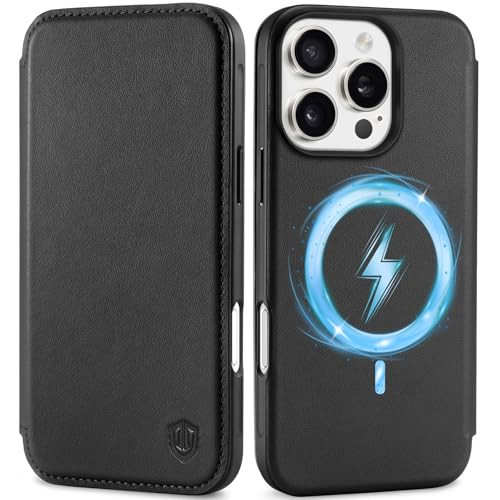 SHIELDON Case for iPhone 16 Pro 6.3", Genuine Leather Slim Folio Wallet Magnetic RFID Blocking Card Slot Wireless Charging Shock-Absorbent Cover Comp