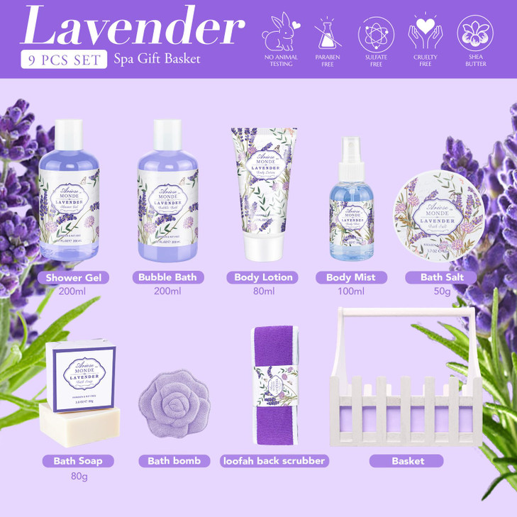 Gift Baskets for Women, Lavender Gift Sets for Women Self Care Spa Gift Basket Includes Body Lotion, Shower Gel, Bubble Bath, Relaxing Gifts For Her,