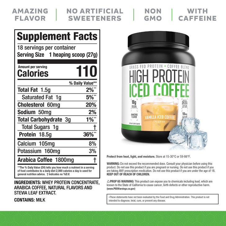 Iced Coffee, High Protein Coffee Keto Friendly, 18g of Protein, 2g Carbs, Natural Ingredients (18 Servings, Vanilla Latte)