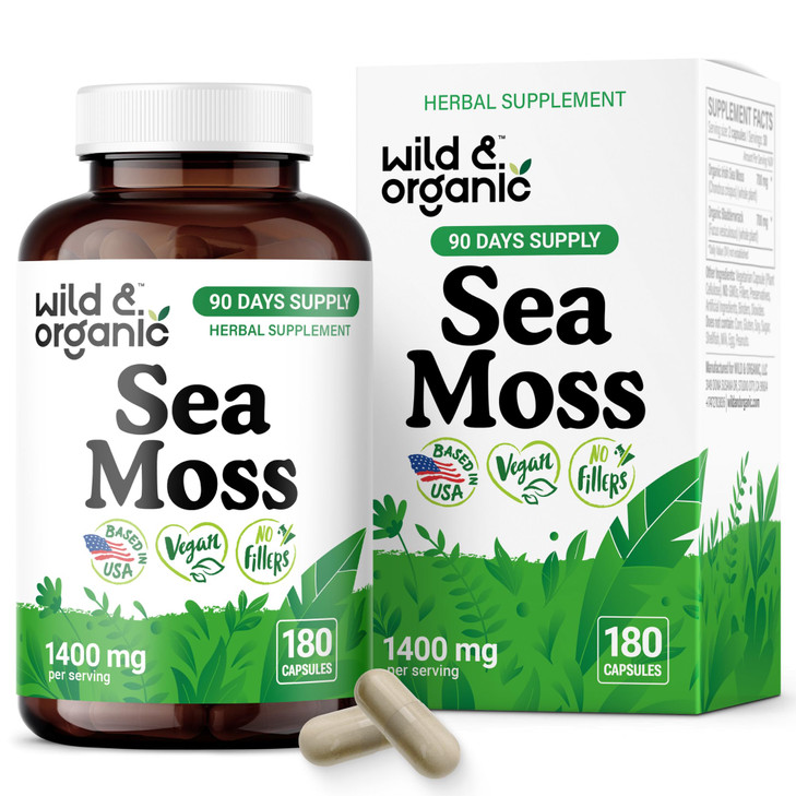 Wild & Organic Sea Moss Capsules - Irish Sea Moss Complex with Bladderwrack for Overall Well-Being - 180 Vegan Seamoss Capsules