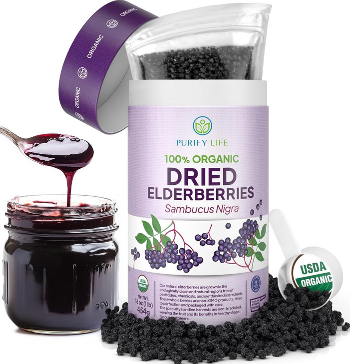 USDA Organic Dried Elderberries 1lb Bulk (Safest Packaging, Resealable Bag, BPA-Free Scoop) Natural, non-irradiated, Raw Whole Black Elderberry, Immu