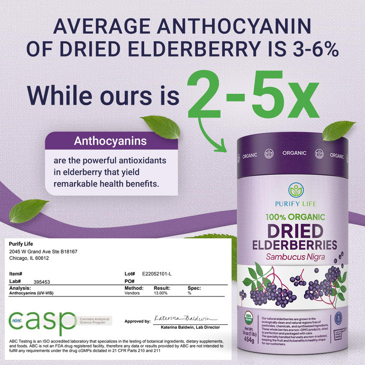 USDA Organic Dried Elderberries 1lb Bulk (Safest Packaging, Resealable Bag, BPA-Free Scoop) Natural, non-irradiated, Raw Whole Black Elderberry, Immu