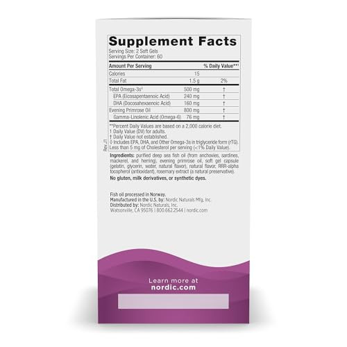 Nordic Naturals Omega Woman, Lemon - 120 Soft Gels - 500 mg Omega-3 + 800 mg Evening Primrose Oil - Healthy Skin & Optimal Wellness - Non-GMO - 60 Se