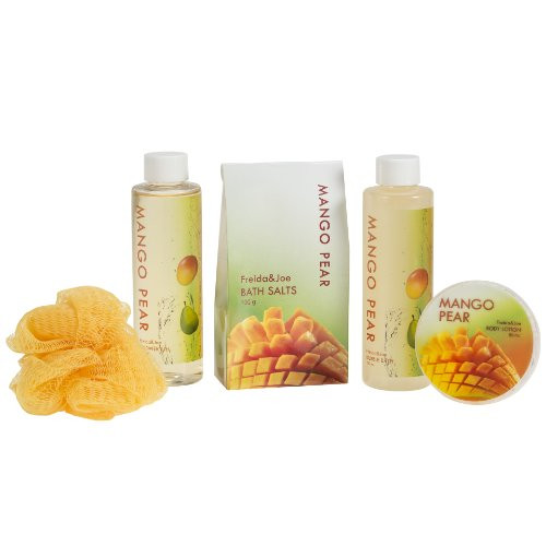 Freida and Joe Tropical Mango Pear Fragrance Spa Set for Women - Bath & Body Set in Stylish Orange Tub - Gift Ready with Shower Gel, Body Lotion, Bub