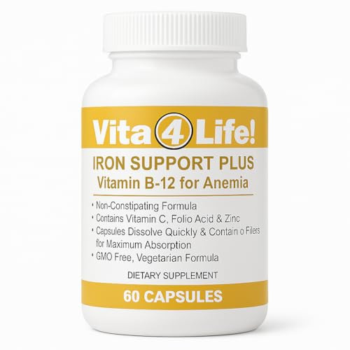 Vita4Life!® Iron Support Plus - 40mg Iron with Vitamin C, B-12, Folic Acid & Zinc - 60 Capsules - Non-Constipating Formula for Red Blood Cell Support