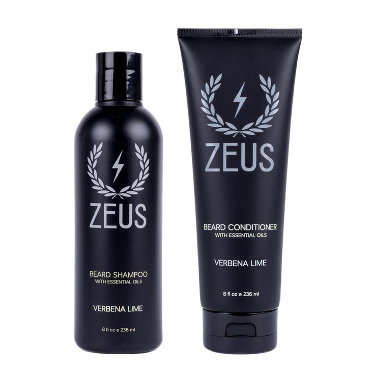 ZEUS Beard Wash Set for Men, Shampoo & Conditioner Duo with Green Tea & Essential Oils, Hydrates, Softens & Strengthens Beard Hair (Made in USA) Verb
