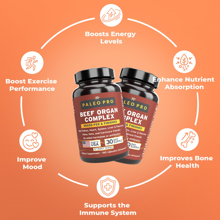 Paleo Pro O.G. Blend Premium Beef Organs Capsules, Kidney, Heart, Liver, Spleen and Pancreas from Grass Fed & Pastured Cows, Dietary Supplement, No G