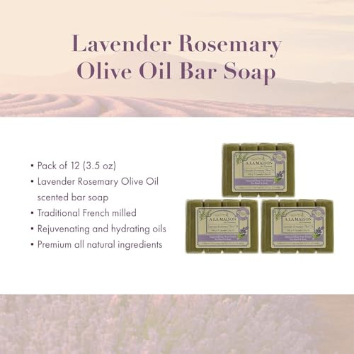 A LA MAISON Lavender Rosemary Olive Oil Bar Soap - Triple French Milled Natural Moisturizing Hand Soap Bar (12 Bars of Soap, 3.5 oz)