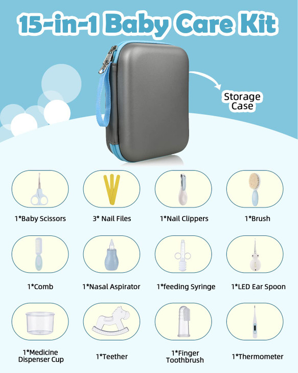 Lictin Baby Grooming Kit 15PCS Baby Health Care Set Portable Baby Travel Kit, Safety Cutter Baby Nail Kit for Nursing Baby Girl Boys Heath and Groomi