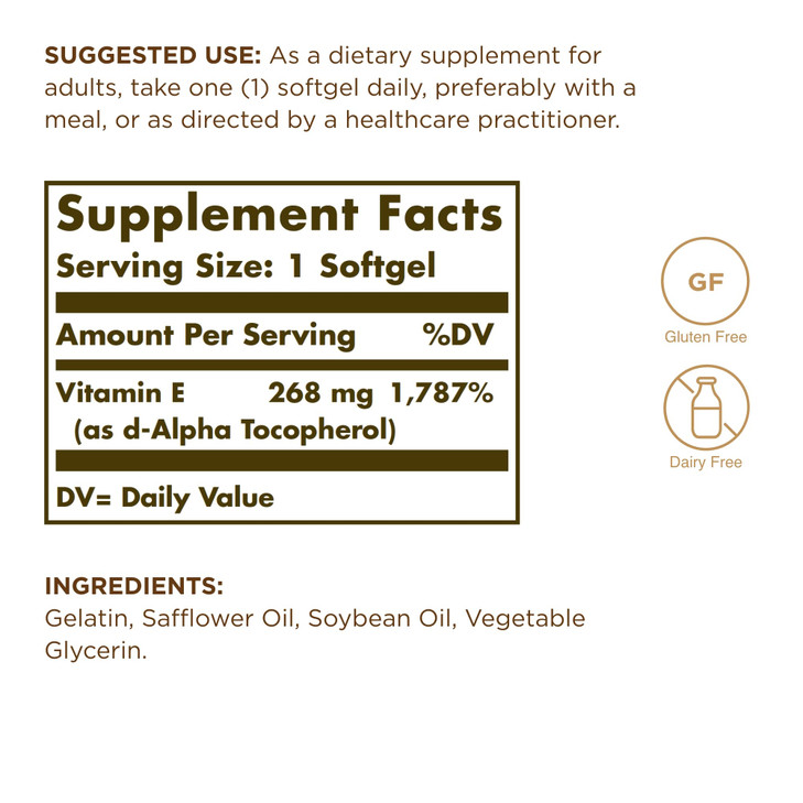 Solgar Vitamin E 268 mg (400 IU) - 250 Softgels - Naturally-Sourced Vitamin E as d-Alpha Tocopherol - Gluten Free, Dairy Free - 250 Servings