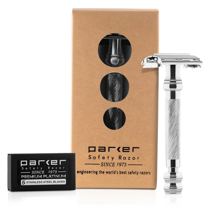 Parker 99R Chrome Long Handle Heavyweight Butterfly Open Double Edge Safety Razor for Men | 5 Parker Premium Platinum Double Edge Razor Blades Includ