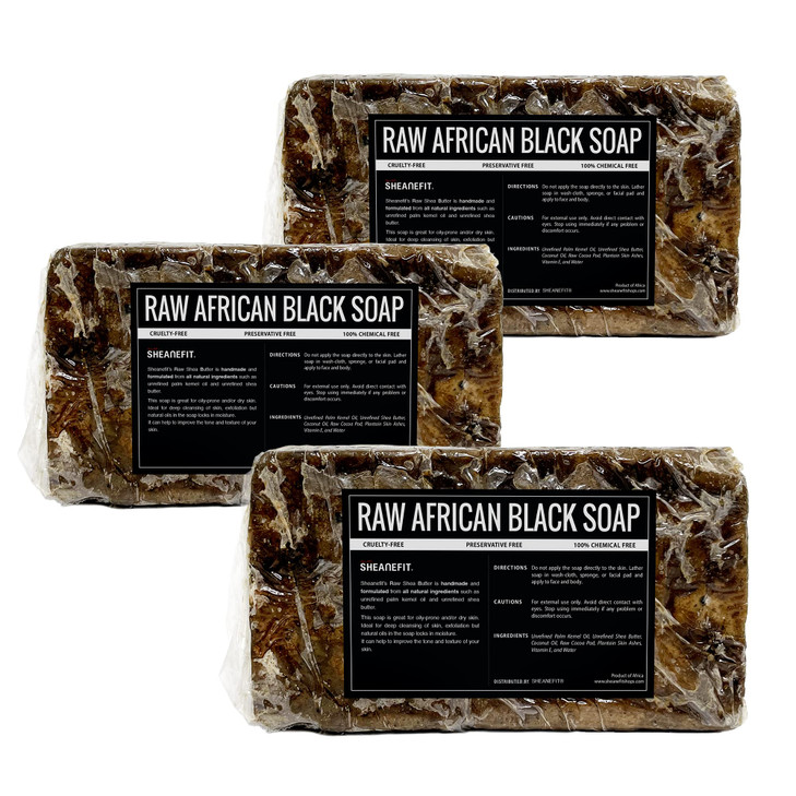 Sheanefit Raw African Black Soap Bar - For All Skin Types - Face, Body, Hair Soap Bulk Bars (15 Ounce (Pack of 3))