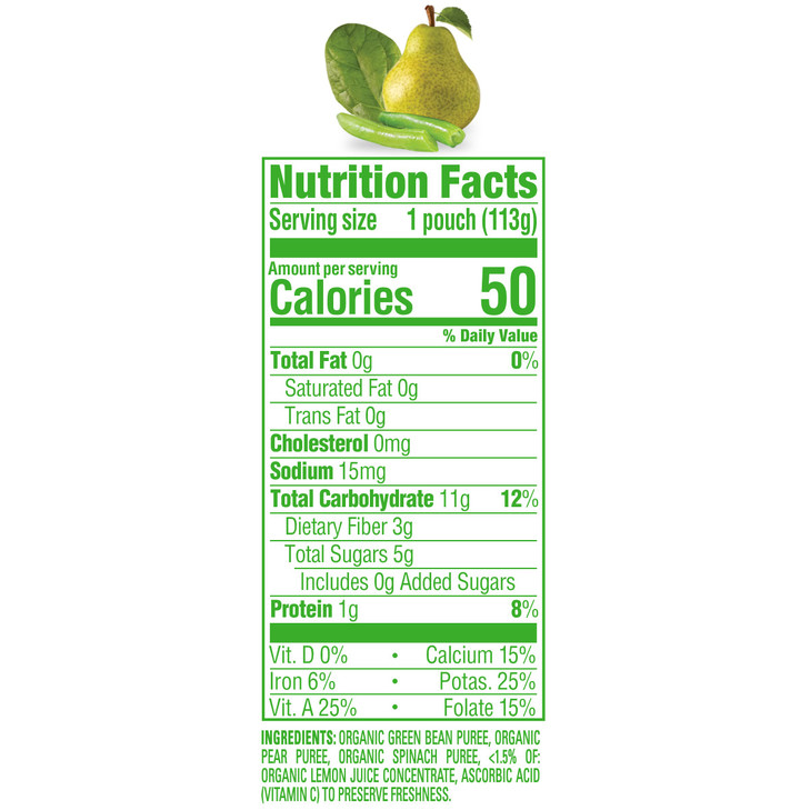 Happy Baby Organics Stage 2 Baby Food Pouches, Gluten Free, Vegan & Healthy Snack, Clearly Crafted Fruit & Veggie Puree, Green Beans, Pears & Spinach