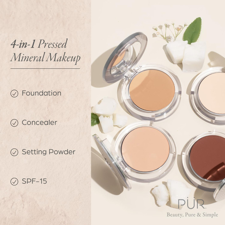 PUR Beauty 4-in-1 Pressed Mineral Makeup Powder Foundation with SPF 15 - Concealer & Finishing Compact Pressed Powder for Face - Buildable Medium to