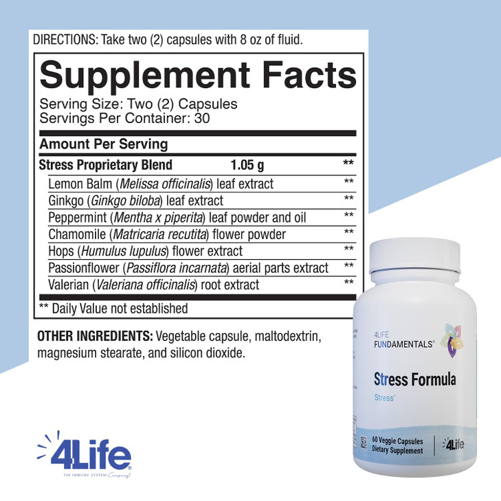 4Life Stress Formula, Dietary Supplement, Supports Nervous System and Sleep with Lemon Balm, Chamomile & Valerian Root, 60 Capsules