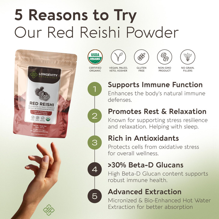 Longevity Botanicals Organic Reishi Mushroom Extract Powder 100g | Concentrated 10:1 Ratio | 100% Fruiting Bodies | Lingzhi (Ganoderma lucidum) Natur