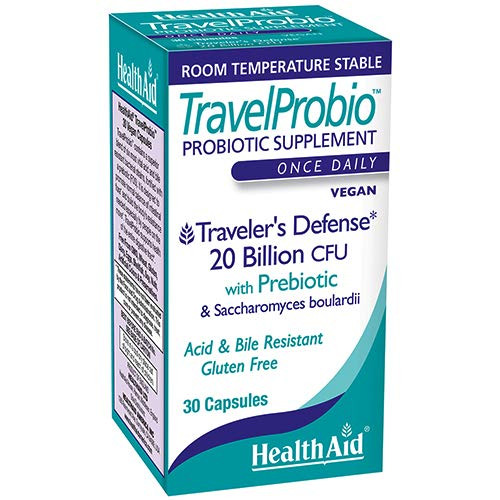 HealthAid TravelProbio 20?Billion?CFU Probiotic  Saccharomyces boulardii + Prebiotic (FOS), Acid & Bile?Resistant  Once?Daily Vegan, Gluten?Free, R
