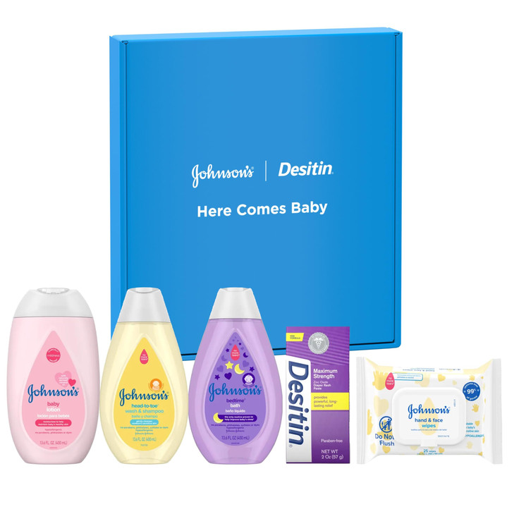 Johnson's Baby Here Comes Baby Gift Set, Baby Essentials for New Parents with Moisturizing Lotion, Bedtime Bath, Body Wash & Shampoo, Hand & Face Wip