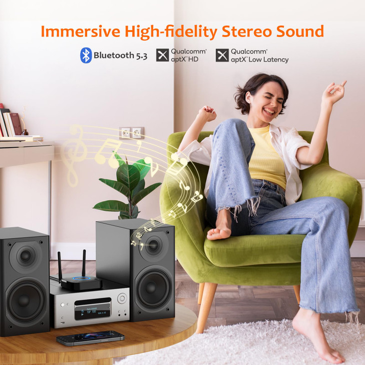 [Upgraded] 1Mii B06Pro Long Range Bluetooth Receiver, HiFi Wireless Audio Adapter, Bluetooth 5.3 Receiver with 3D Surround aptX HD Low Latency Optica