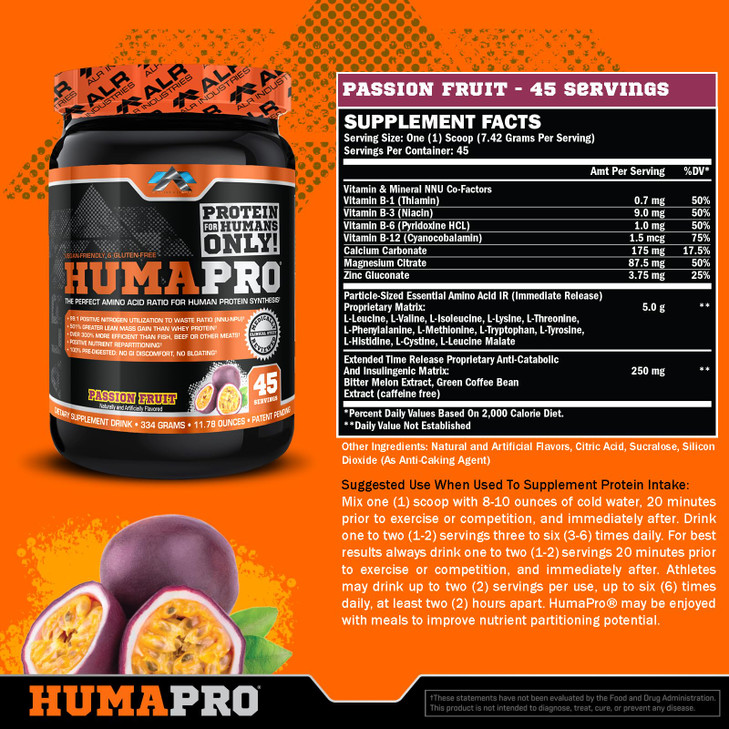 ALR Industries Humapro | Amino Acids Protein Matrix for Humans | 99% Utilization for Lean Muscle | Vegan, Gluten Free | 334g / 45 Servings (Passion F