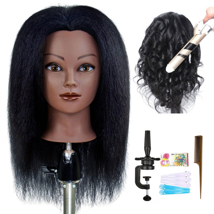 ISHOT Mannequin Head Human Hair-100% Real Human Hair,Hairdresser Training Head,Doll Head,Beauty School Hair Practice Head,Manikin Cosmetology Black