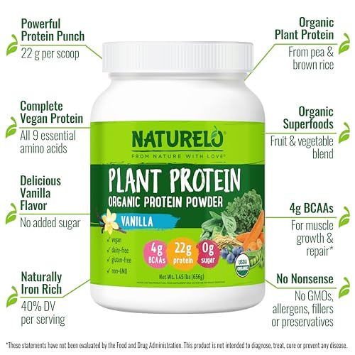 NATURELO Plant Protein Powder, Vanilla, 22g Protein - Non-GMO, Vegan, No Gluten, Dairy, or Soy - No Artificial Flavors, Synthetic Coloring, Preservat