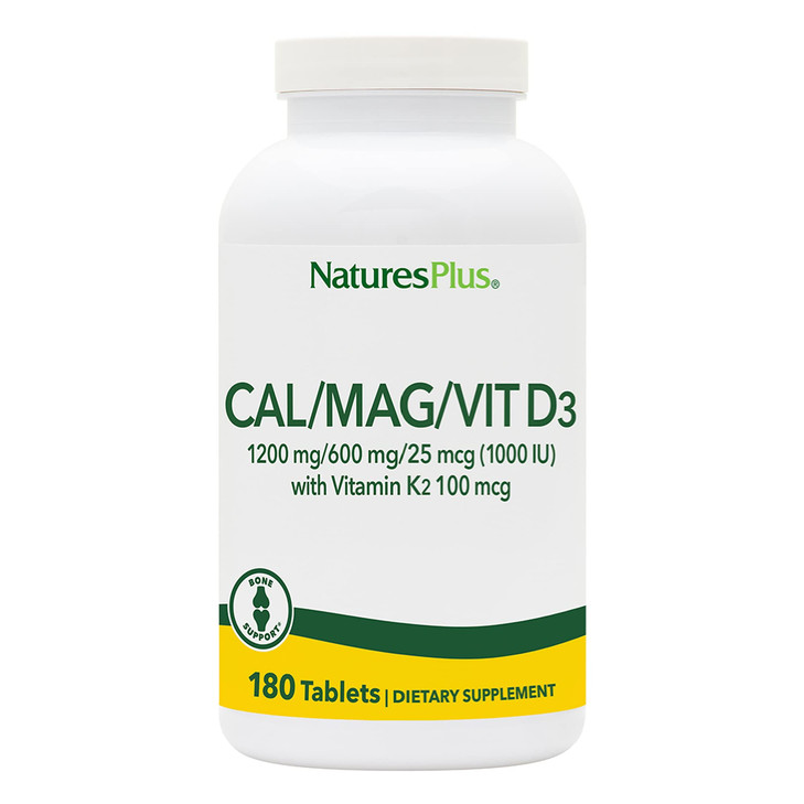 NaturesPlus Calcium/Magnesium/Vitamin D3 with Vitamin K2 - Supports Bone & Immune Health - Vegetarian, Gluten Free - 180 Tablets - 45 Servings