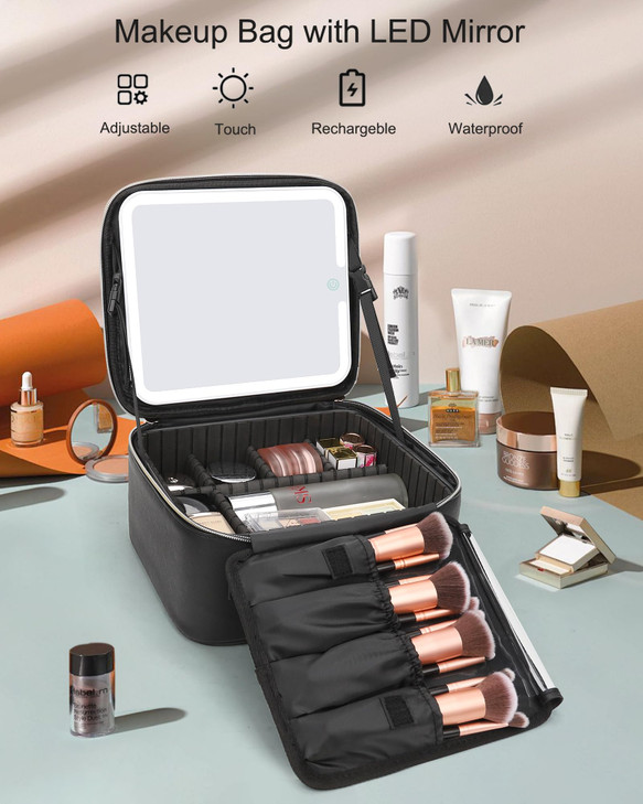 Relavel Makeup Bag with Light Up Mirror, Makeup Case Travel Cosmetic Bags Brush Organizer Storage Box, Rechargeable Vanity Mirror with 3 Color Lights