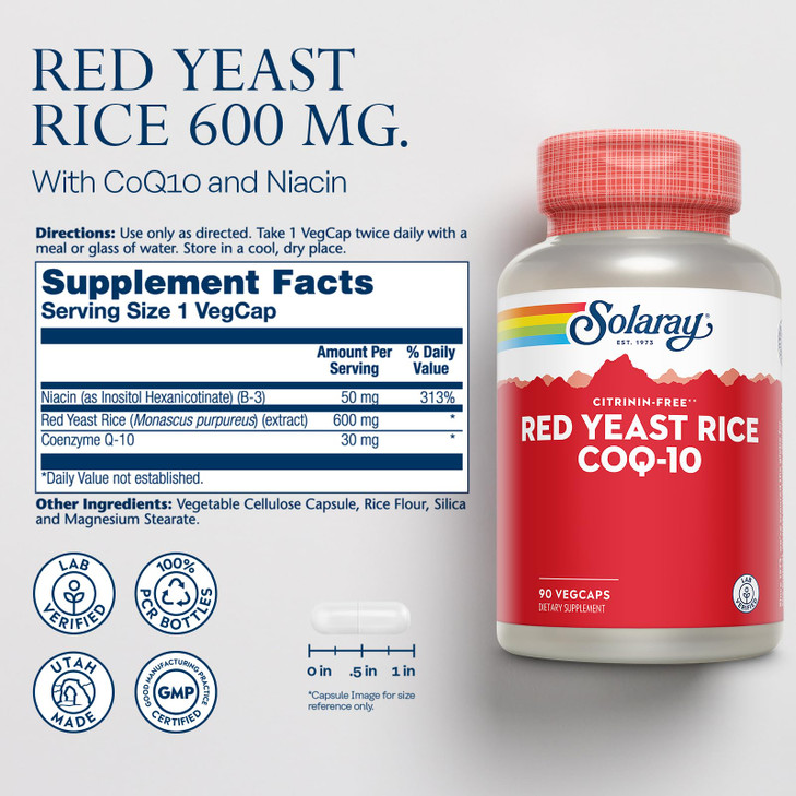 SOLARAY Red Yeast Rice Plus CoQ-10 & No-Flush Niacin Vitamin B-3, Healthy Heart & Cardiovascular Support, Non-Irradiated & Citrinin Free, 60 Day Mone