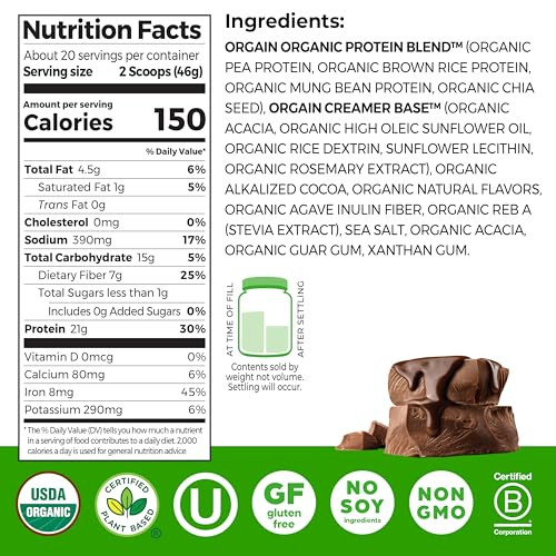 Orgain Organic Vegan Protein Powder, Creamy Chocolate Fudge - 21g Plant Protein, 6g Prebiotic Fiber, Low Net Carb, No Lactose Ingredients, No Added S
