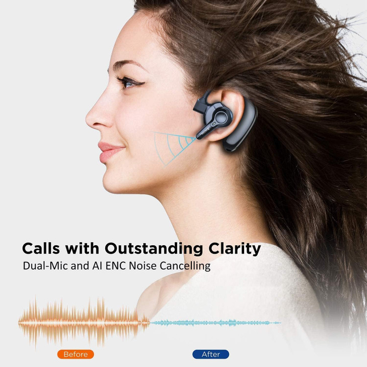 emotal Dual-Mic AI Noise Cancelling Bluetooth Headset for Cell Phones, 10 Days Standby 30Hrs HD Talktime Bluetooth Earpiece IPX6 Waterproof Ultraligh