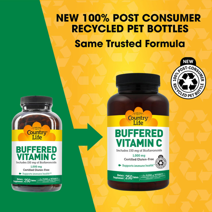 Country Life Buffered Vitamin C 1000mg with Bioflavonoids, Calcium, Magnesium, Potassium - Immune Support, Vegan Capsules, Gluten-Free, Gentle on Sto