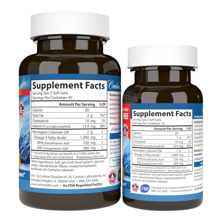 Carlson - EcoSmart Omega-3, 1000 mg Omega-3s Sustainable Source, Heart Health, Brain Function & Vision Support, Lemon, 90+30 soft gels