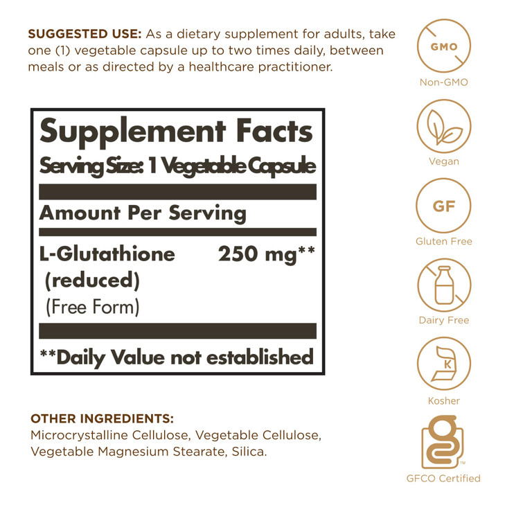 Solgar Reduced L-Glutathione 250 mg - 60 Vegetable Capsules - Antioxidant Support - Non-GMO, Vegan, Gluten Free, Dairy Free, Kosher - 60 Servings