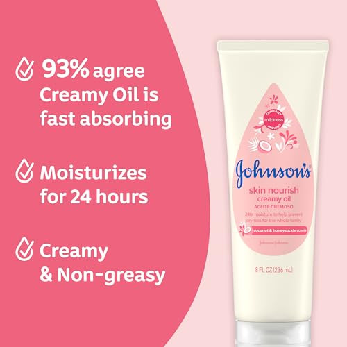 Johnson's Skin Nourish Creamy Baby Oil for Dry Skin with Coconut & Honeysuckle Scent, Rich & Creamy Baby Body Oil Moisturizes for 24 Hours & Helps Pr
